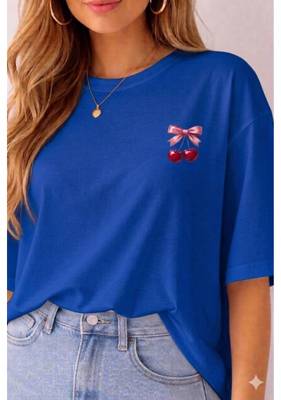 Minimal Kiraz Desenli Baskılı T-shirt Mavi
