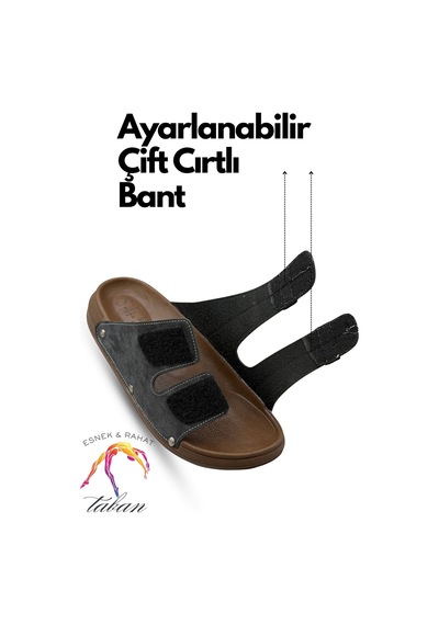 Sermoda Erkek Terlik - Çift Toka Ayarlanabilir Esnek Taban Deri Erkek Terlik C Füme