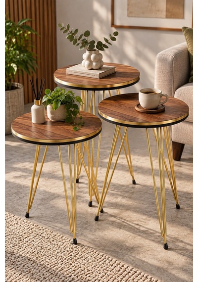Sulorahome Ceviz Desenli Gold Metal Ayaklı 3'lü Zigon Sehpa Takımı Ceviz - Altın