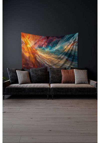 Kozmik Renkler Desenli Duvar Halısı Duvar Örtüsü Tapestry Süet Dokulu Kumaş