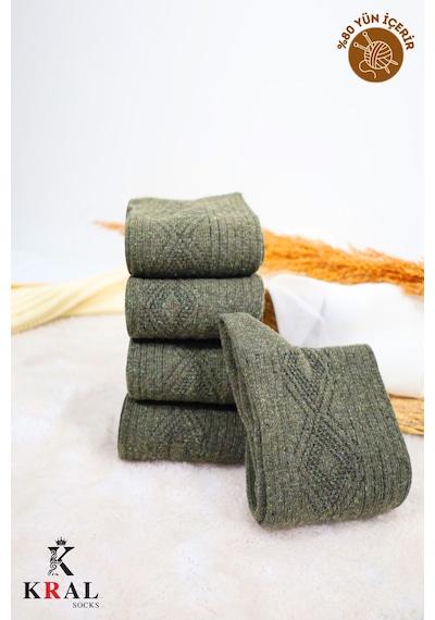 Kral Socks Erkek Kışlık Termal Etkili 5'li Paket Lambswool Kuzu Yün Çorap Haki