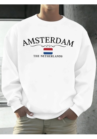 Startmore Tarzsokak Amsterdam Hollanda Baskılar Erkekler Polar Hip Hop Spor Uzun Kollu Bisiklet Yaka Gevşek Kazak Beyaz