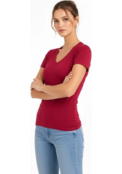 Wear Vexel Kadın T-shirt V Yaka Slim Fit Likralı Tişört Yazlık Basic Body - Kırmızı Bordo
