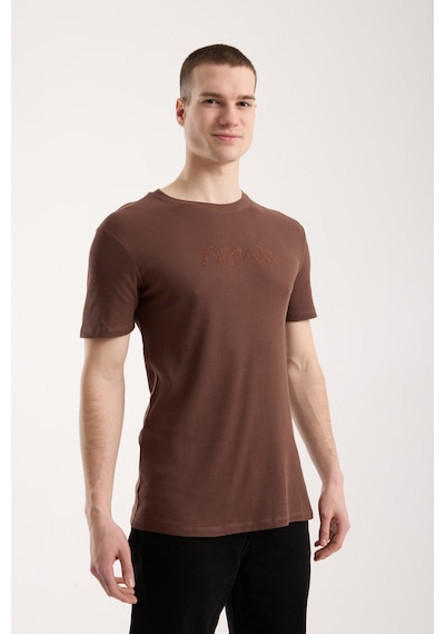 Maximodena Erkek Slim Fit Waffle Dokulu Minimal Baskılı Günlük Tişört - Kahverengi