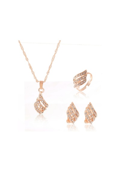 Amore Kristal Taşlı Kolye Küpe Yüzük Gelin Düğün Hediye Moda Rose Takı Seti Rose Gold