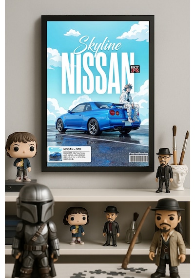 Skyline Nissan Siyah Ahşap Çerçeveli Poster, Dekoratif Araba Duvar Tablosu