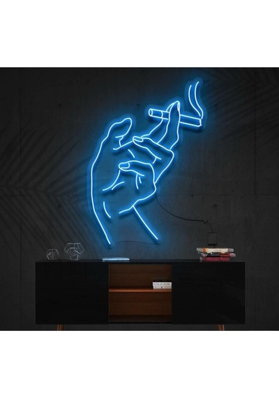 El Ve Sigara Figürlü Dekoratif Neon Tabela Mavi