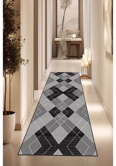 Koyu Gri Kaymaz Geometrik Kesme Rulo Özel Ölçü Yolluk Vh005n11