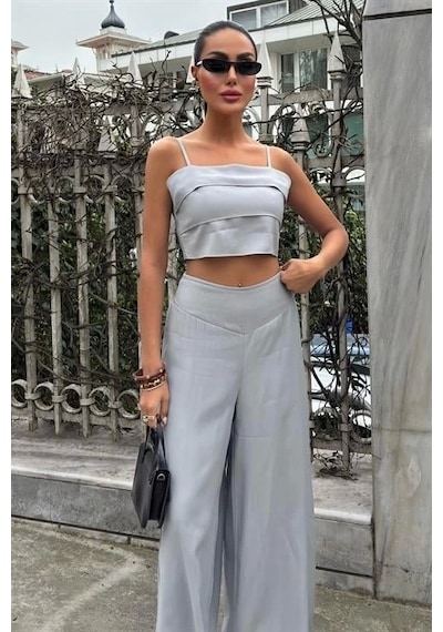 Defymoda Crop Plazzo Pantolon Takım 10155-08 Gri