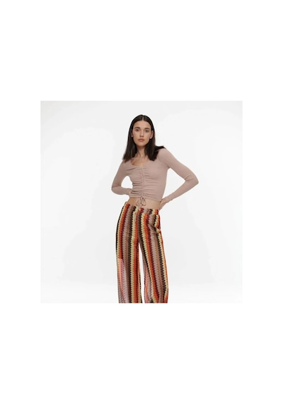 Escbutik Kadın V-yaka Önü Büzgülü Uzun Kollu Crop Bluz Krem