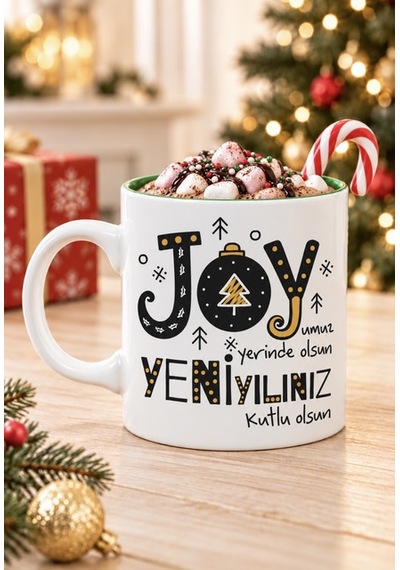Mesela Yılbaşı Kupası Joyumuz Yerinde Olsun Desenli Yeşiliçli Hediyelik Kahve Kupa Bardak Beyaz