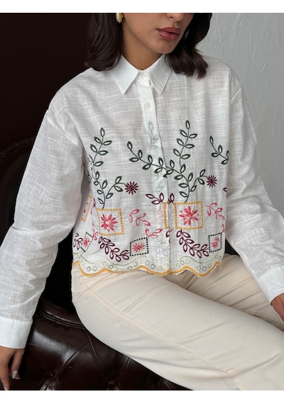 Verymoda Nakışlı Kadın Gömlek Boho, Şık - F1937 Sarı Dsn2
