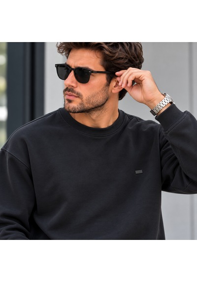 Erkek Modal Kumaş Bisiklet Yaka Sweatshirt Şık Tasarım, Tam Kalıp Siyah