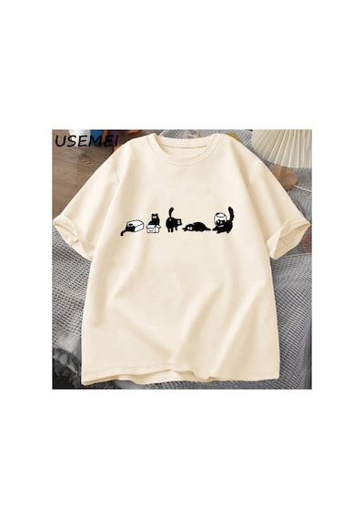 Beş Ruh Hali Kediler T-shirt Büyük Boy Kedi Anne Tee Komik Pamuk Kısa Kollu Kedi Severler T S 2824 Bej