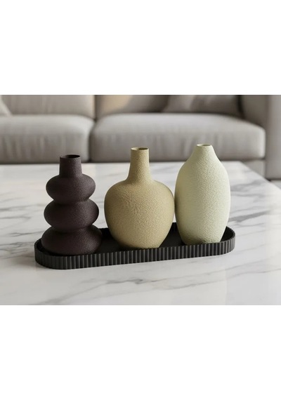 3d Baskı 3lü Dekoratif Vazo Seti Ve Sunum Tepsisi - Modern Minimalist Masa Dekoru Renkli