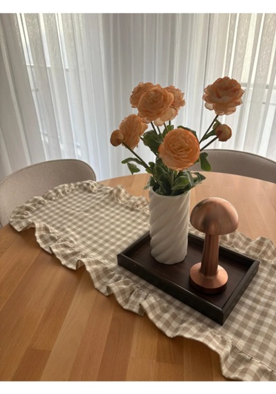 Fırfırlı Vintage Duck Keten Kareli Runner &dekoratif Örtü 40x130 Cm Bej