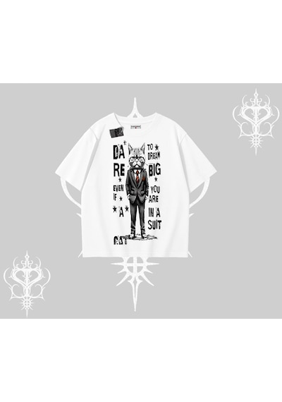 Tarzsokak Dream Big Yazılı Takım Elbiseli Kedi Baskılı Oversize Tshirt Beyaz Tarzsokak Dream Big Yazılı Takım Elbiseli Kedi Baskılı Oversize Tshirt Beyaz