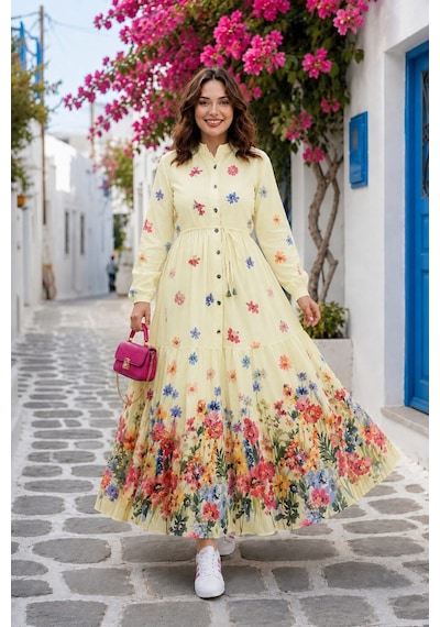 Hb Harma Time Butik Kadın Düğmeli Çiçek Desenli Modal Sarı Elbise Hardal