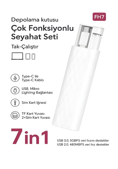7 İn 1 Çok İşlevli Type-c Usb Micro Lightning Dönüştürücü Seyahat Seti Apple Uyumlu iPhone Android Pc Beyaz