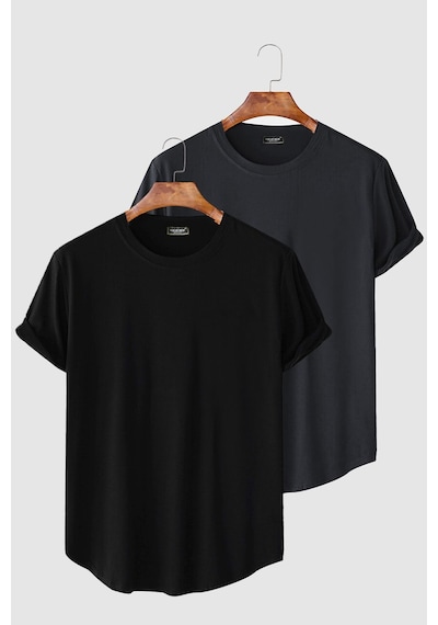 2'li Erkek Siyah-antrasit Kolları Katlı Oval Kesim Cepsiz Bisiklet Yaka T-shirt Siyah-antrasit