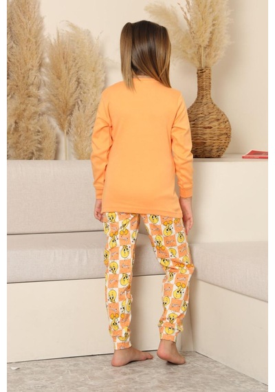 Miniğimin Cicileri Sevimli Civciv Baskılı Kız Çocuk Pijama Ta... Turuncu