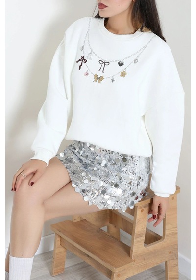 Modi Quzu Kolye Baskılı Sweatshirt Beyaz - 75367.2002. 2beyaz