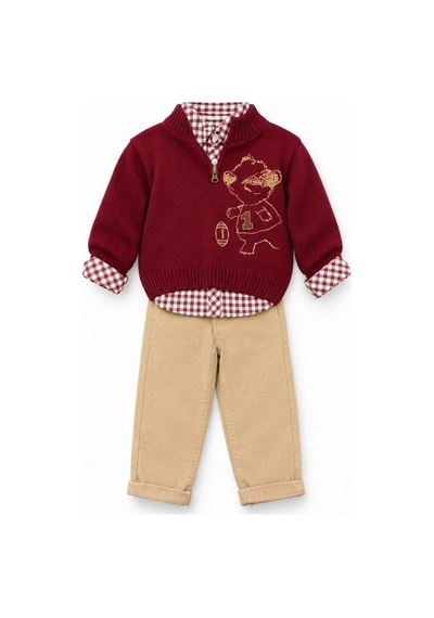 Zekids Erkek Çocuk Bordo Ayıcık Nakışlı Triko Kazak Gömlek Ve Pantolon Takım-17439