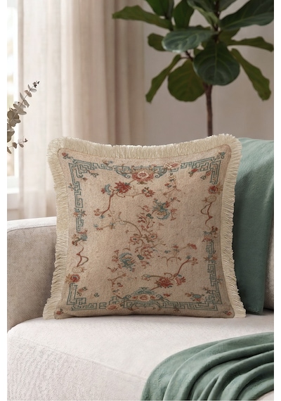 Otantik Çiçekli Saçaklı Yastık Kılıfı - Vintage Floral Bej Turkuaz Krem Püsküllü Kırlent Kılıfı Puslu Düş Opal