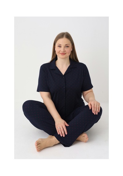 Estiva Kadın Lacivert Kısa Kollu Önden Düğmeli Soft Battal Pijama Takımı Çok renkli