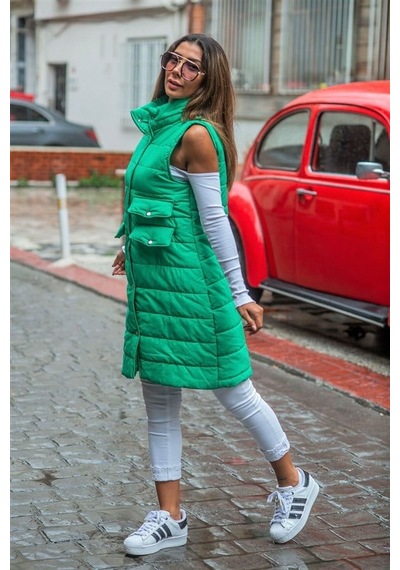 Veraura Lifestyle Yeşil Dik Yaka Cep Detaylı Uzun Şişme Yelek