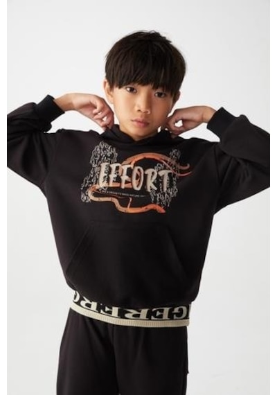 Nk Kids Erkek Çocuk Kapüşonlu Kanguru Cepli Effort Baskılı Sweatshirt-13016-siyah