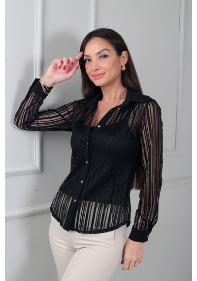 By Saygı Kadın İçi İp Askılı Likralı Atlet Kendinden Boyuna Çizgili Transparan Tül Gömlek Siyah By Saygı Kadın İçi İp Askılı Likralı Atlet Kendinden Boyuna Çizgili Transparan Tül Gömlek Siyah