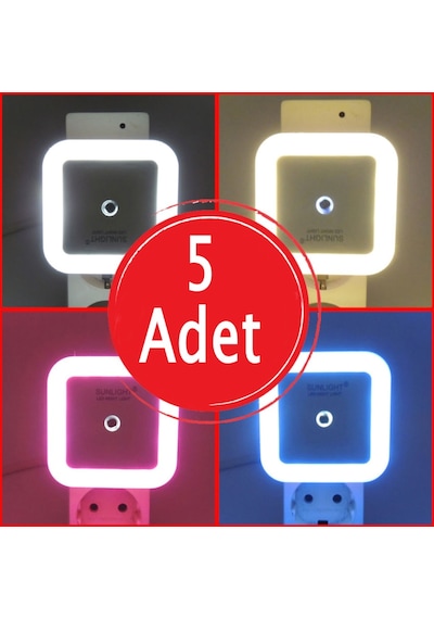 Kare Led Gece Lambası 0,5W Işıklı Fişli Fotosel Sensörlü 5 Adet