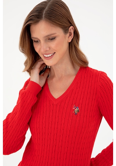 U.S. Polo Assn. Kadın Kırmızı V Yaka Basic Kazak 50288992-VR030 U.S. Polo Assn. Kadın Kırmızı V Yaka Basic Kazak 50288992-VR030