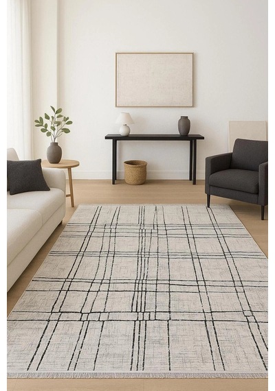 Krem Renk Siyah Çizgi Detaylı Modern Halı Dekoratif Kilim Krem