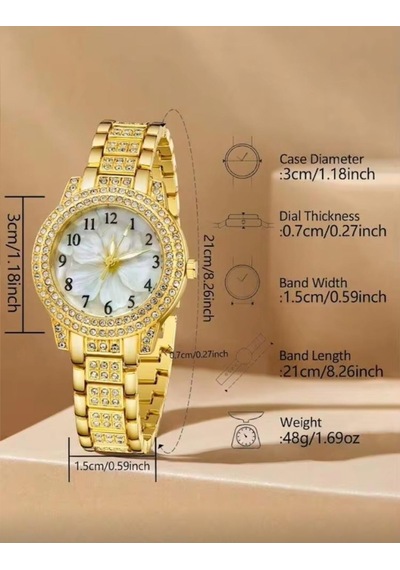 Flowers Çiçek Kadranlı Şık Taşlı Kadın Saat Gold Renk Sevdiklerinize Özel Hissetirecek Hediye