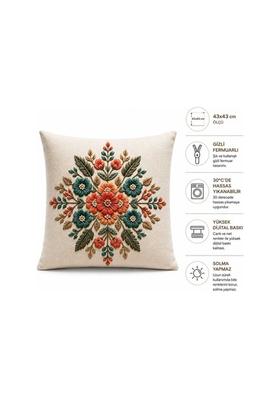 Bohem Çiçek Nakış Punch Görünümlü Dijital Baskılı Gizli Fermuarlı Kırlent Kılıfı 43x43 Cm Çok Renkli Çok Renkli