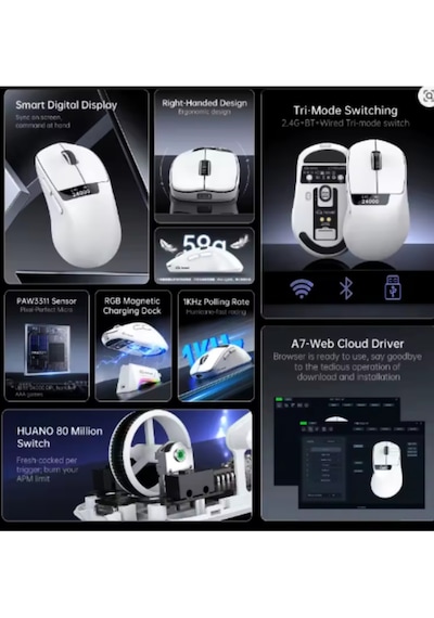 Freewolf A7 Kablosuz Dijtal Ekranlı Oyuncu Mouse Paw3311 1000 Hz 24000 Dpı Bluetooth Mouse Diğer