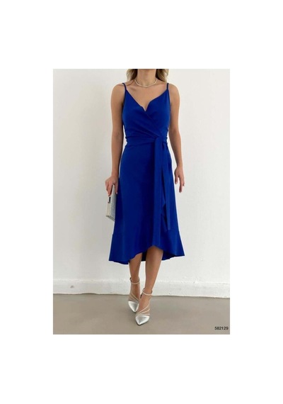 DefyModa Kadın Şık Model V Yaka Kuşaklı Midi Askılı Elbise Saks
