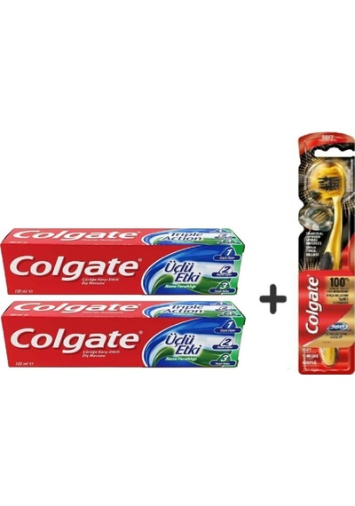 Colgate Üçlü Etki Nane Ferahlığı Diş Macunu 100 ML x 2 + Charcoal Gold Diş Fırçası
