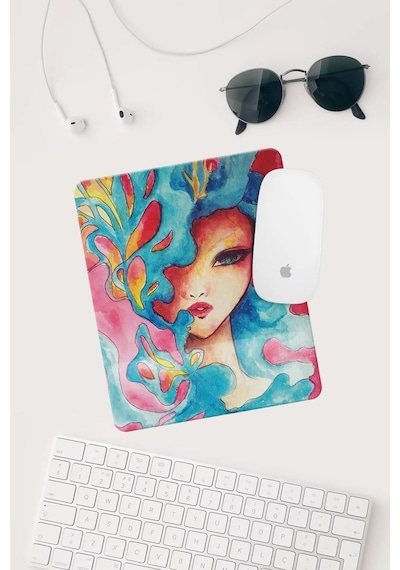 Mavi Saçlı Kız Çizimli Bilek Destekli Dikdörtgen Mouse Pad. Mousepad