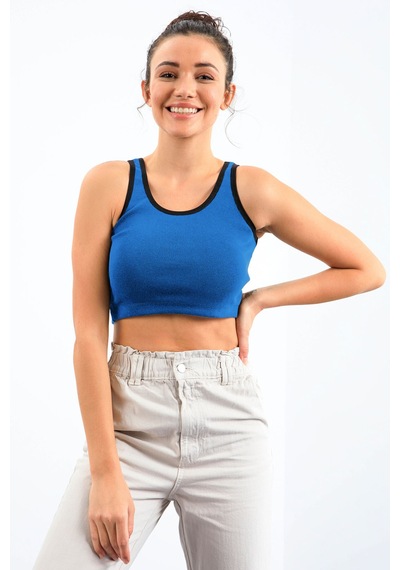 Tommy Life Turkuaz Basic Sıfır Kol Dar Kalıp U Yaka Kadın Crop Top Atlet - 97162 Turkuaz