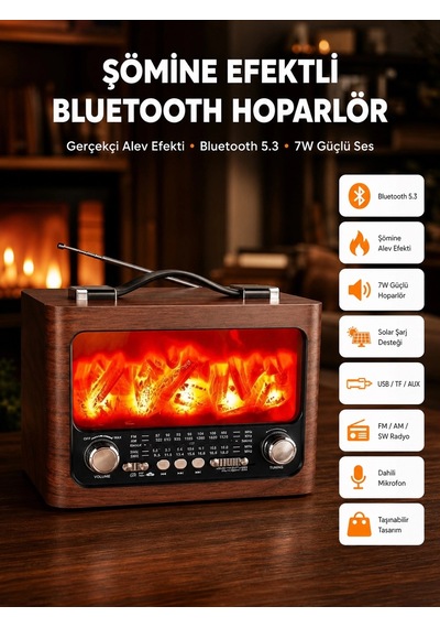 Solar Şarjlı Şömine Işıklı Bluetooth Hoparlör Radyo, Usb, Tf Kart Destekli - 5000