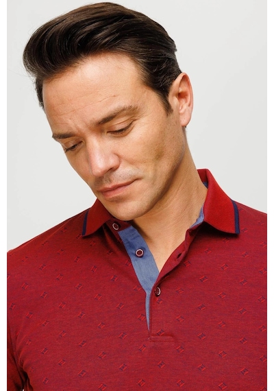 Desen Triko Erkek Polo Yaka Kare Desenli Uzun Kollu Sweatshirt Bordo Bordo