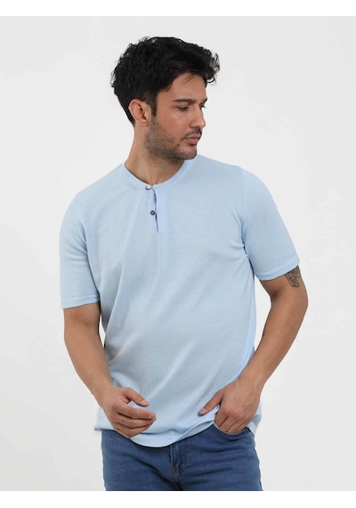 Dufy Buz Mavisi Erkek Slim Fit Düz Düğmeli O Yaka Kazak - 104636-buz Mavisi Buz Mavi
