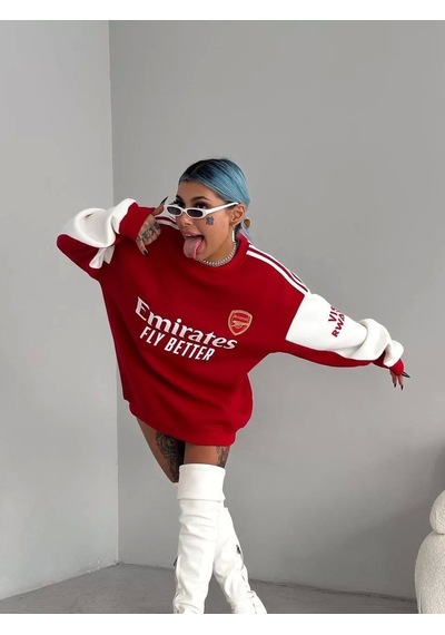 Kadın Bisiklet Yaka Kolu Şeritli Nakışlı Sweatshirt - Kırmızı