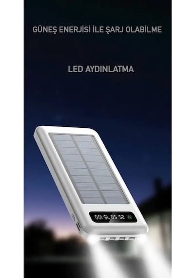 Powerbank10000 Mah Güneş Enerjili Göstergeli Powerbank Solar Fenerli Güneş Enerjili Type C - Lightning - Micro Usb - Usb Kablolu Senalstore Siyah