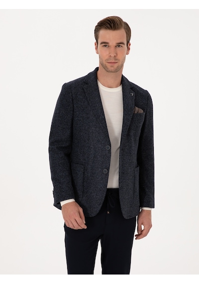 Cacharel Lacivert Slim Fit Yün Karışımlı Flanel Görünümlü Ceket