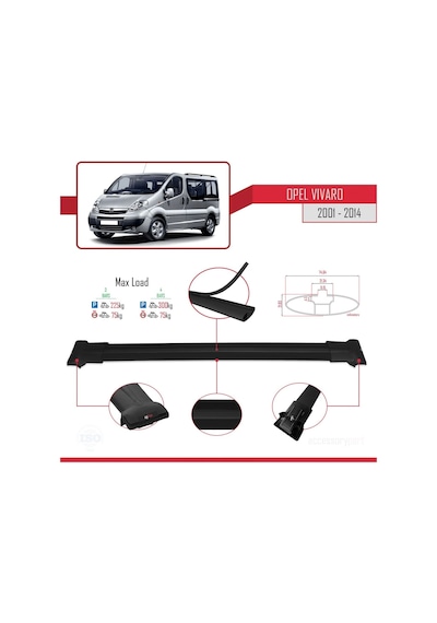 Opel Vivaro 2001-2014 Arası İle Uyumlu Fly Model Ara Atkı Tavan Barı Siyah 4 Adet Bar