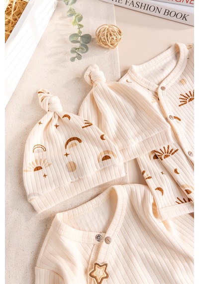 Babymod Güneş Desenli 4'lü 100% Pamuk Kız Erkek Bebek Tulum Set Ekru